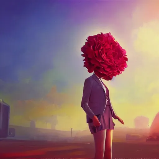 Image similar to closeup, giant rose flower head, frontal, girl in a suit, surreal photography, sunrise, dramatic light, impressionist painting, digital painting, artstation, simon stalenhag