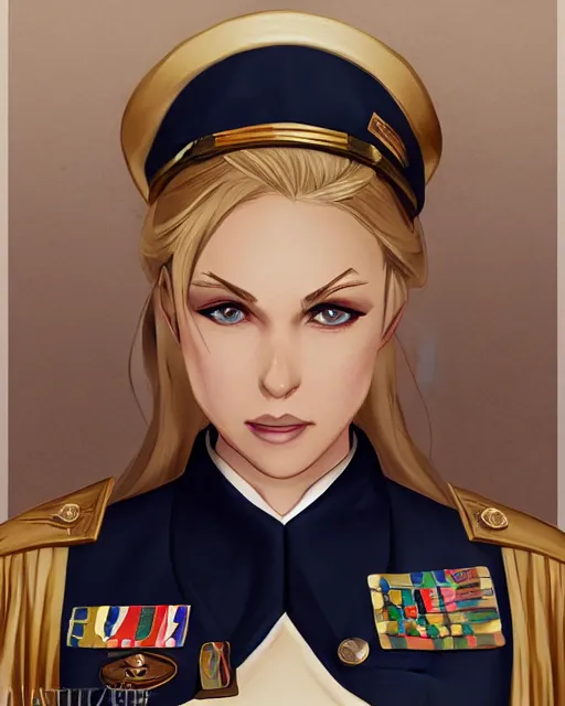 Image similar to A blonde woman in a navy blue military dress uniform, visualartzi, dieselpunk, anime, concept art by Karla Ortiz, James Paick, Charlie Bowater, Krenz Cushart, highly detailed, ultra detailed, ultra realistic, trending on artstation, cgstudio