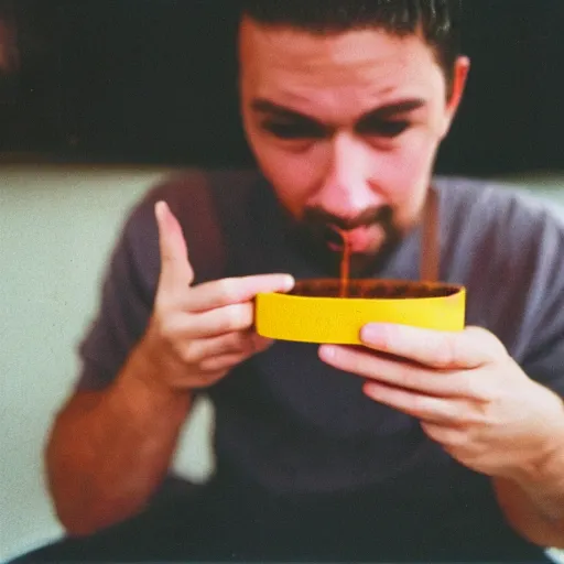 Image similar to kodak portra 8 0 0, flickr photograph of an invisible guy eating glue out of a pot, glue eating guy, yummy glue pot delicious i love eating glue photo