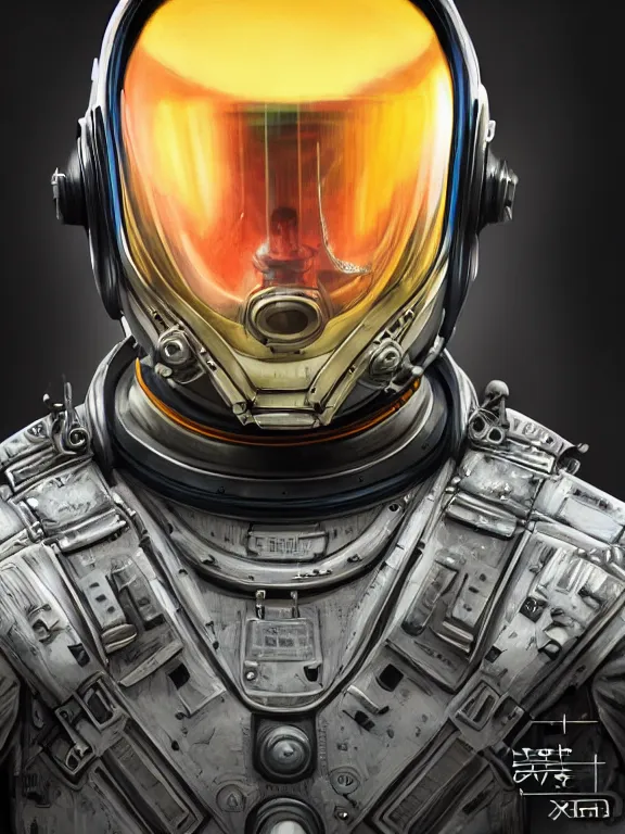 Prompt: portrait art of 8k ultra realistic retro futuristic astronaut, helmet visor open, glow around helmet, deep space , detailed intricate ornate armour,blade runner, cybernetic, full of colour, cinematic lighting, trending on artstation, 4k, hyperrealistic, focused, extreme details,unreal engine 5, cinematic, masterpiece, art by ayami kojima, giger