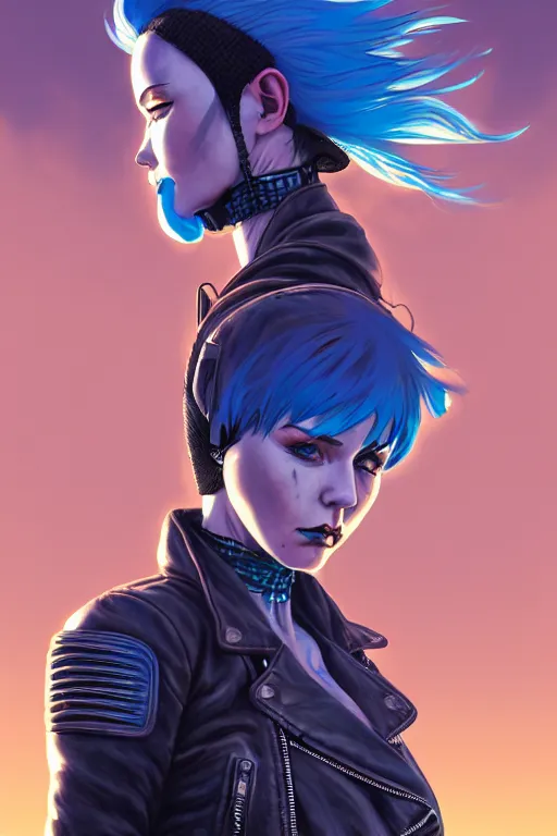 Image similar to a ultradetailed beautiful panting of post apocalyptic woman biker with helmet. blue hair. opened leather jacket, pretty face, high detailed face, in front of burning desert, anatomically correct, close up, by ilya kuvshinov, greg rutkowski and makoto shinkai, trending on artstation