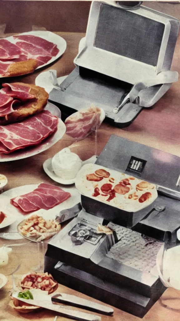 Image similar to 1 9 6 0 s food magazine photo of a computer made of ham, soft focus