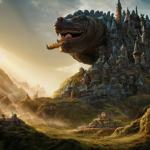 Image similar to large fantasy castle sitting on the top of a giant tortoise, stomping through a harsh wasteland with sharp rays of sunlight, howls moving castle, mortal engines, kaiju, distant - mid - shot, isometric angle, fantasy, hyper detailed, 4 k