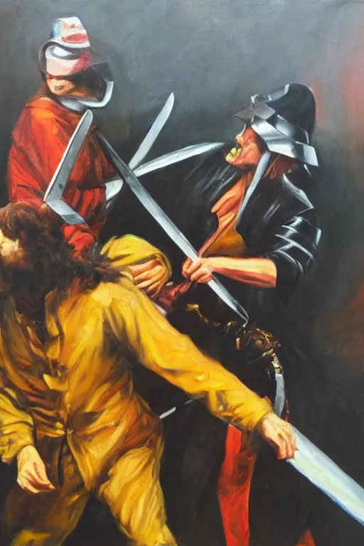 Prompt: dramatic oil painting of bill drummond fighting julian cope with swords