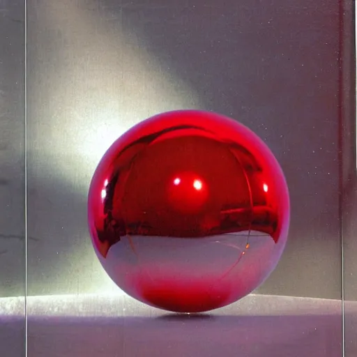 Prompt: chrome spheres on a red cube by rene laloux