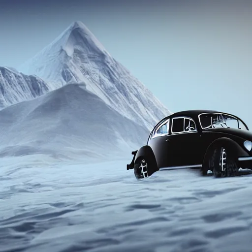 Image similar to extreme long shot of a 1970 vw beetle standing on mount everest, award winning photo, snow, high detail, desolate, atmospheric, 8k, Asher Durand, intricate artwork by Tooth Wu and wlop and beeple and dan mumford and greg rutkowski and nekroxiii. halo. octane render, cinematic, hyper realism, octane render, 8k, depth of field, bokeh