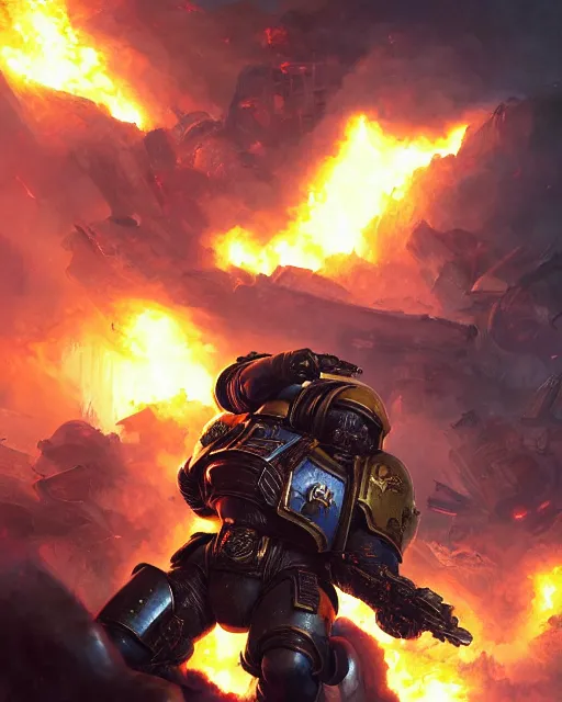 Image similar to space marine surrounded by explosions and burning buildings, sharp focus, hyper detailed, dark fantasy, warhammer 4 0 k, digital painting, by by artgerm and greg rutkowski and magali villeneuve