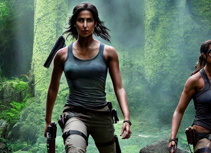 Image similar to film still of!!!! naomi scott!!! as lara croft in new tomb raider movie, 8 k