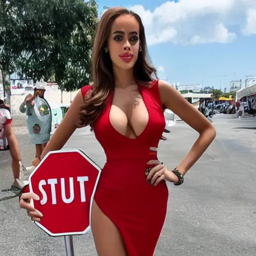 Prompt: yanet garcia holding a stop sign, full body, in dress, mexico