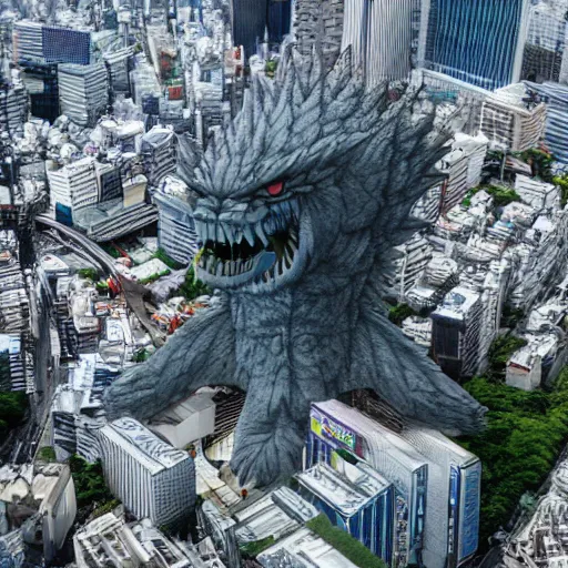 Image similar to aereal view of a giant kaiju in tokyo