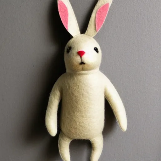 Image similar to a cute elegant felt plush doll of a rabbit wearing overalls