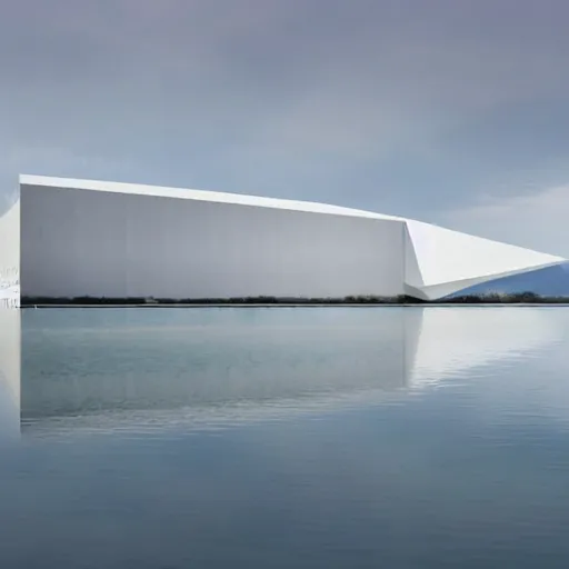 Prompt: a white cell structure art museum building in the shape of a fish on the surface of a beautiful lake. the indoor lighting is created by tadao ando and kazuo shimajima