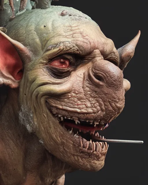 Prompt: highly detailed closeup, bosch face profile portrait of a medieval goblin eating cakes in the cathedral, depth of field, fashion photoshoot by hyung tae, frank frazetta, bosch, giger, breathtaking, detailed and intricate environment, 8 k resolution, hyperrealistic, octane render