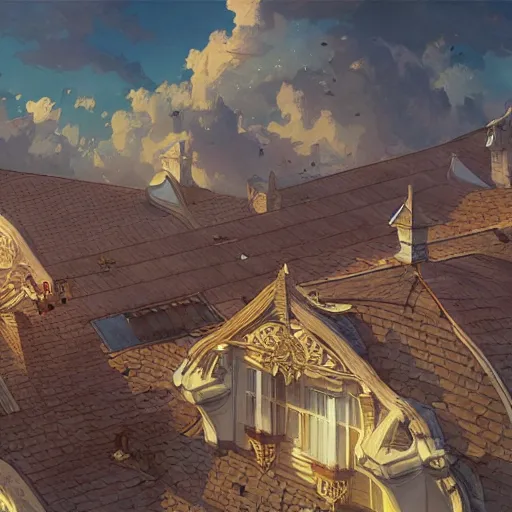 Image similar to Whales in the sky over the rooftops, highly detailed, digital painting, artstation, illustration, art by artgerm and greg rutkowski and alphonse mucha