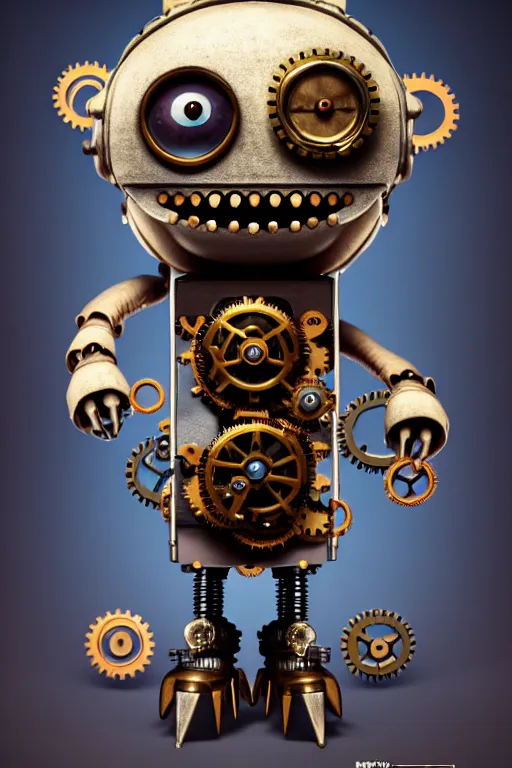 Prompt: a tiny cute steampunk monster with cogs screws big eyes smiling waving, back view, isometric 3 d, ultra hd, character design by mark ryden pixar hayao miyazaki, unreal 5, daz, hyperrealistic, octane render, cosplay, rpg portrait, dynamic lighting, intricate detail, summer vibrancy, cinematic, centered