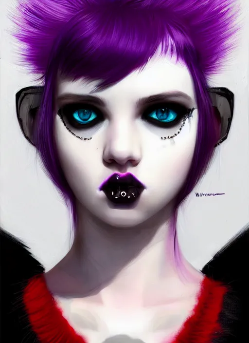 Image similar to portrait of white teenage girl, normal face, white bangs, mall goth, cyberlox, black and white hair, bangs, fluffy bangs, red contact lenses, purple lipstick, intricate, elegant, highly detailed, digital painting, artstation, concept art, sharp focus, smooth, illustration, art by wlop, mars ravelo and greg rutkowski