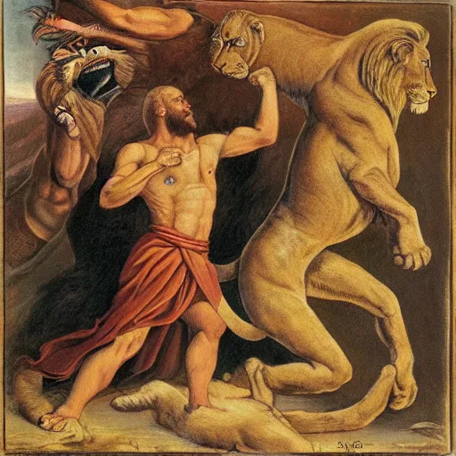 Prompt: wildman wrestling with lion, Old Testament