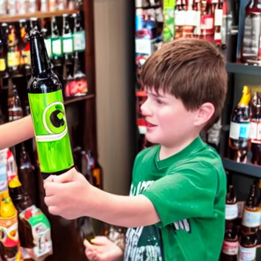 Image similar to boy hold beer bottle in the shop and the casier don't want to sell it to the kid.