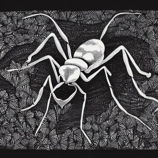 Prompt: ant, black and white, botanical illustration, naturalistic, book illustration, black ink on white paper, bold lines