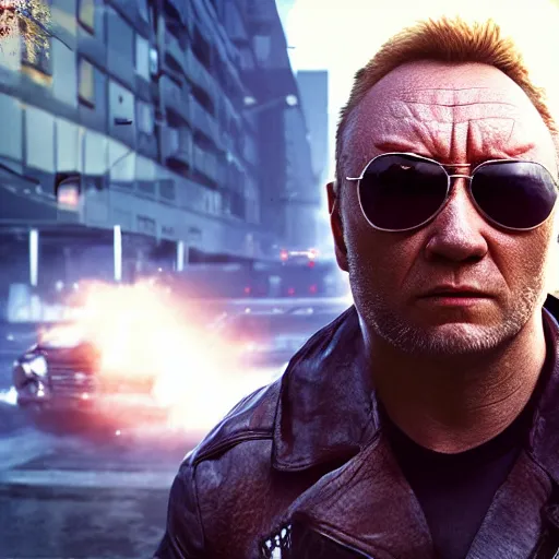 Prompt: limmy brian limond as the terminator, realistic, wide shot, sunny lighting, octane render, hyper realistic, high quality, highly detailed, hd, beautiful, cinematic, 8 k, unreal engine, facial accuracy,