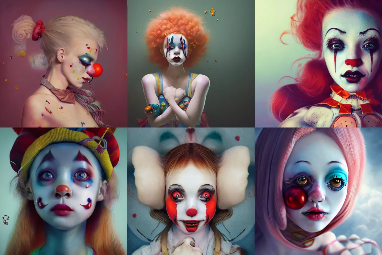 Image similar to breathtaking detailed painting of clown girl , with anxious, piercing eyes, Atari game cover art by Hsiao-Ron Cheng, James jean, Miho Hirano, Hayao Miyazaki, extremely moody lighting, hyperrealistic, octane render, RPG portrait, ambient light, dynamic lighting