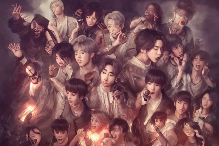 Image similar to an ultra detailed matte portrait of the bts singers in a baroque style, 8 k, volumetric lighting, smooth, highly detailed, digital illustration, art by greg rutkowski and akira toriyama and artgerm