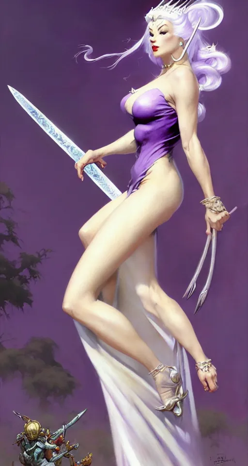 Prompt: frank frazetta painting of queen of hokra, silver white hair, violet long gown, full body, sorceress sword, soft lighting, trending on artstation, by huang guangjian and gil elvgren and sachin teng