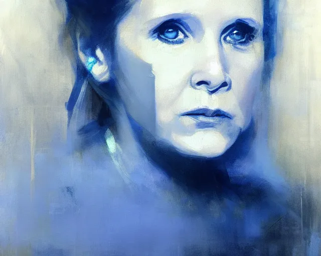Image similar to portrait of leia young carrie fisher in shades of grey but with blue by jeremy mann