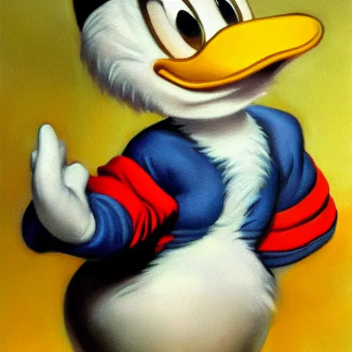 Image similar to ultra realistic portrait painting of donald duck, art by frank frazetta, 4 k, ultra realistic, highly detailed, epic lighting