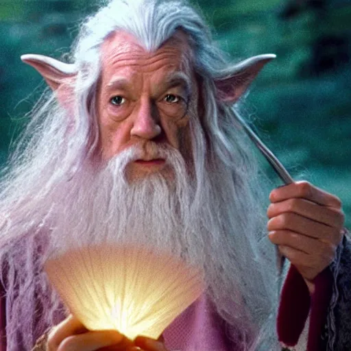 Image similar to portrait of gandalf, wearing a large pink hairclip, holding a blank playing card up to the camera, movie still from the lord of the rings