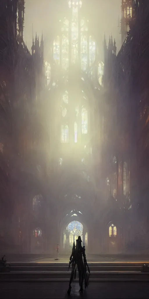 Image similar to outside of a futuristic gothic cathedral with leds, extremely detailed digital painting, in the style of fenghua zhong and ruan jia and jeremy lipking and peter mohrbacher, mystical colors, rim light, beautiful lighting, 8 k, stunning scene, raytracing, octane, trending on artstation