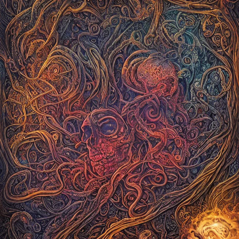 Image similar to a intricate mandala of skulls and flesh and bone with deep and intricate rune carvings and weaving lovecraftian tentacles emerging from a space nebula by dan mumford, twirling smoke trails, a twisting vortex of dying galaxies, collapsing stars, digital art, photorealistic, vivid colors, highly detailed, intricate