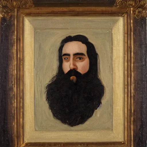 Prompt: A portrait of a man. He has black hair, a black beard, oil painting