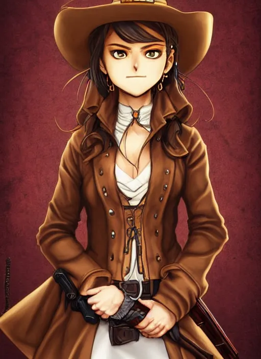 Prompt: full portrait of beautiful gunslinger woman in the city, face details, brown tuffle coat, cowboy hat, brown skin, redeyes, high fantasy, dnd, highly detailed, manga illustration, by keisuke sato
