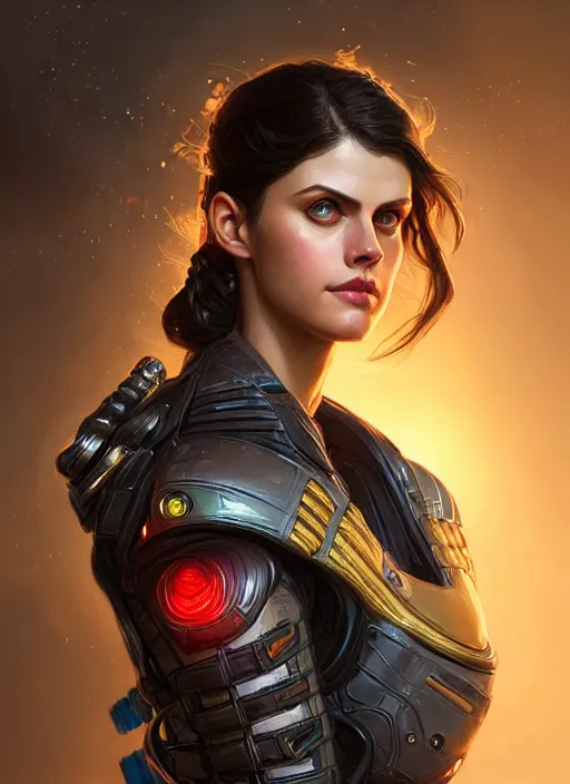 Image similar to portrait of apex legends alexandra daddario, intricate, elegant, glowing lights, highly detailed, digital painting, artstation, glamor pose, concept art, smooth, sharp focus, illustration, art by artgerm and greg rutkowski, artey freytag