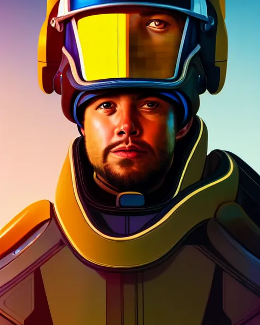 Image similar to portrait of a starship captain with a helmet as an apex legends character digital illustration portrait design 3 / 4 perspective, detailed, gorgeous lighting, wide angle action dynamic portrait