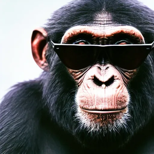 Prompt: high quality landscape photo of a chimpanzee wearing cool dark sunglasses, ultra wide lens picture, detailed picture, cinematic composition, by edgar wright and david lynch