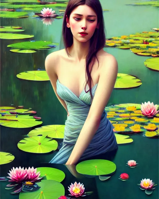 Image similar to stylized portrait of an artistic pose, composition, young lady sorrounded by nature, water lilies, flowers, realistic shaded, fine details, realistic shaded lighting poster by ilya kuvshinov, magali villeneuve, artgerm, jeremy lipkin and michael garmash and rob rey