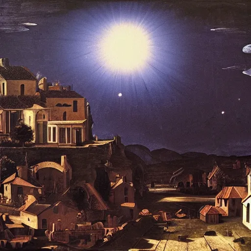 Image similar to dark solar eclipse, above a village, highly detailed, studio 4 k quality, by caravaggio