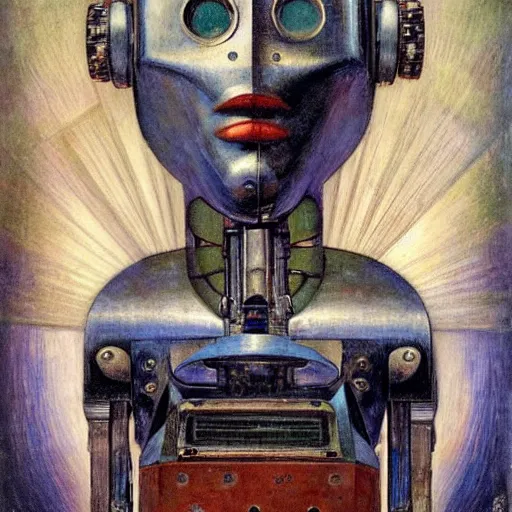 Prompt: the robot in her mechanical mask, by Annie Swynnerton and Diego Rivera, symbolist, dramatic lighting, elaborate geometric ornament, Art Brut ,god rays, soft cool colors,smooth, sharp focus, extremely detailed, Adolf Wölfli