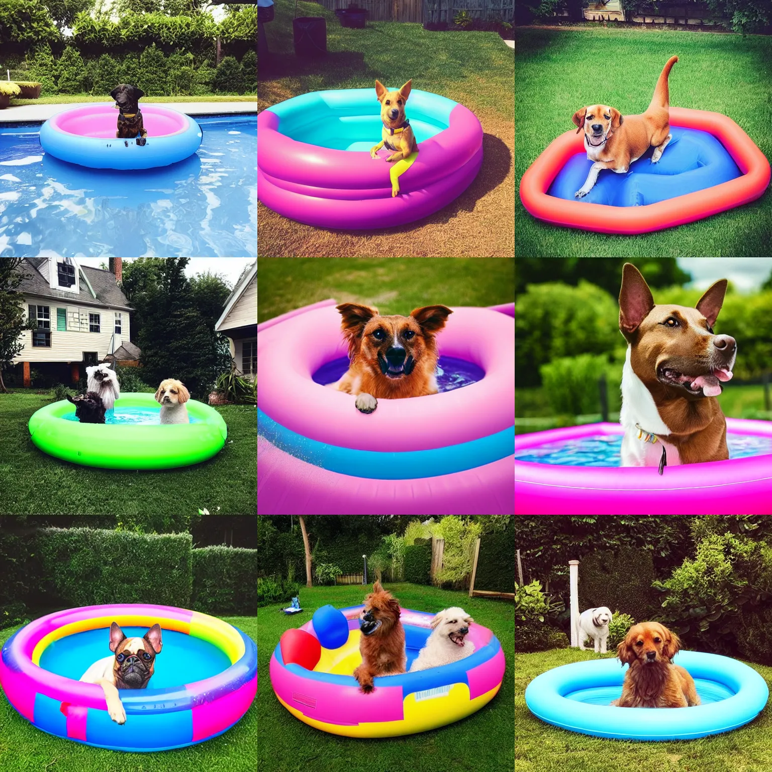 Prompt: instagram photo, a dog in the inflatable pool, garden