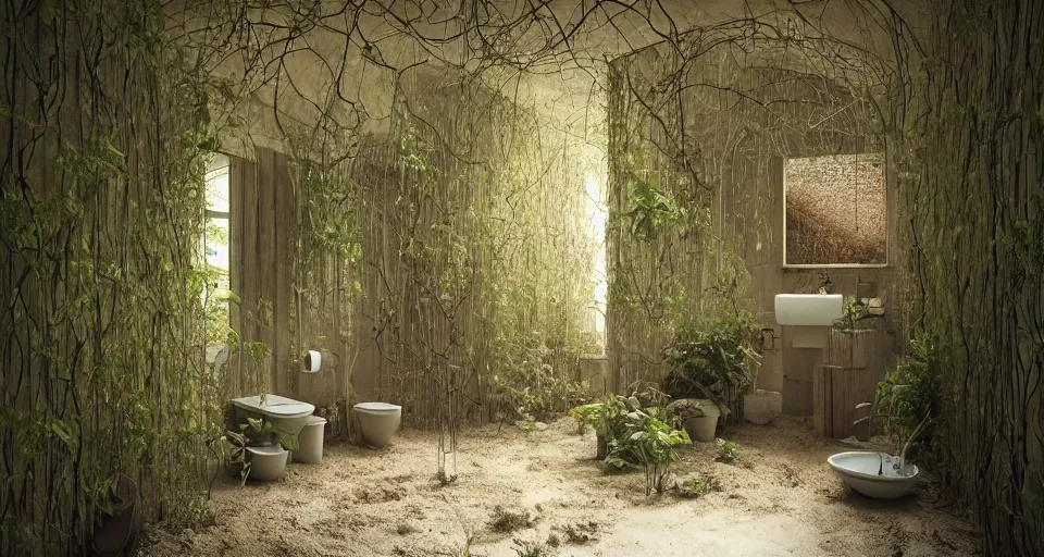 Image similar to IKEA catalogue photo, high end farm house style bathroom, sand piled in corners, dust, organic, vines, overgrown, tropical, by Beksiński