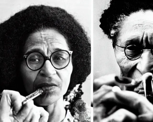 Image similar to Rosa Parks smoking cannabis from a bong , next to Bob Marley; cinema film; art direction; dramatic Studio lighting by John Gaeta