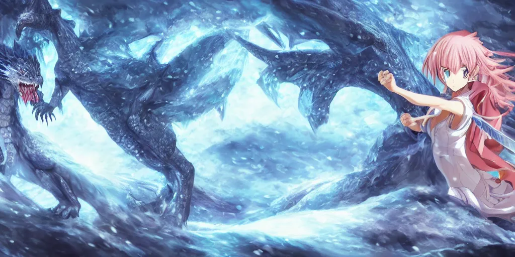 Prompt: fight scene of a beautiful anime girl fighting an ice dragon inside a cave with sword, fantasy, Digital 2D, highly detailed, sharp focus, smooth, cinematic, a close shot, art by Murata