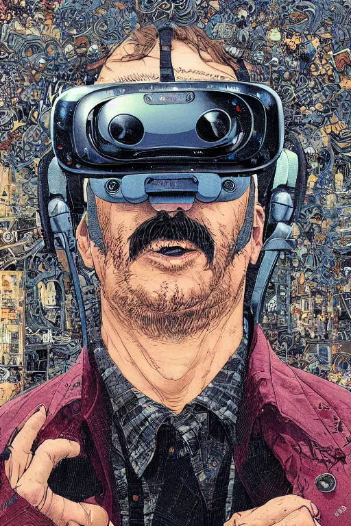 Image similar to portrait closeup of middle aged man wearing vr headset, symmetrical, by yoichi hatakenaka, masamune shirow, josan gonzales and dan mumford, ayami kojima, takato yamamoto, barclay shaw, karol bak, yukito kishiro