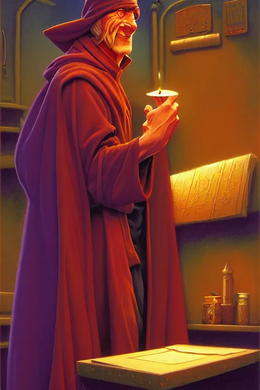 Prompt: classic oil painting, a comfy wizard wearing a nightcap, as a dnd character, inside of a steamy locker room, highly detailed, digital illustration, concept art, smooth, sharp focus, art by tim hildebrandt, and greg hildebrandt