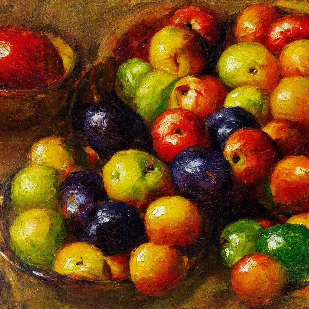 Image similar to Beautiful dramatically lit bowl of fruit painted in the style of the old masters, painterly, thick heavy impasto, expressive impressionist style, painted with a palette knife