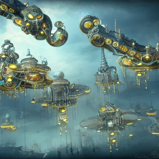 Image similar to flying city in a mechanical flower flower flower flower, sky, steampunk!!!, fantasy art, steampunk, masterpiece, unreal engine