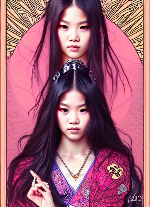 Image similar to jossi of blackpink, samurai, tarot card, highly detailed, digital painting, smooth, sharp focus, illustration, ultra realistic, 8 k, art by artgerm and alphonse mucha