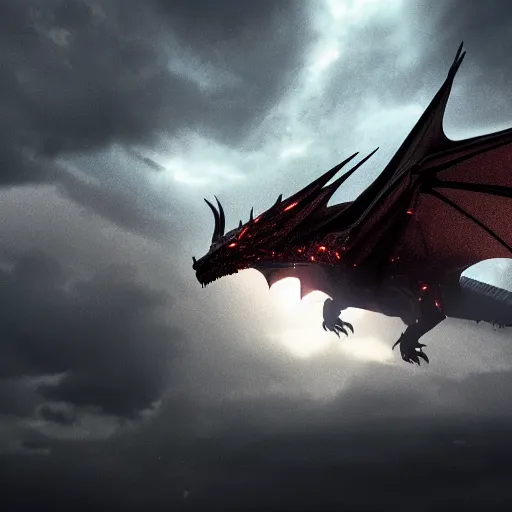 Image similar to dark dragon in a thunderstorm, epic scene, cinematic, ultra photorealistic, 8k,